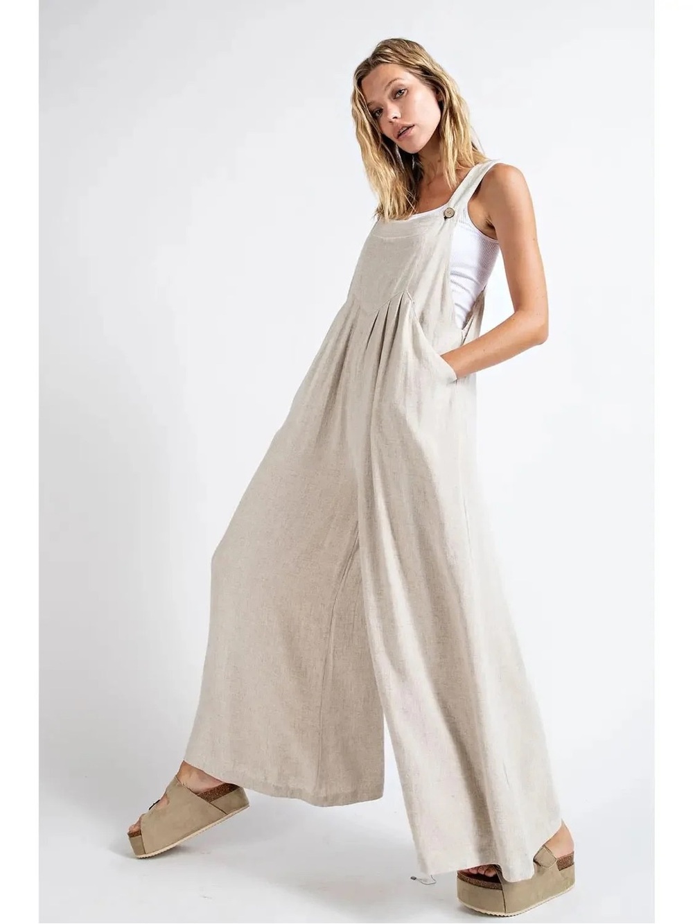 Kori Natural Beige Wide-Leg Linen-Blend Jumpsuit